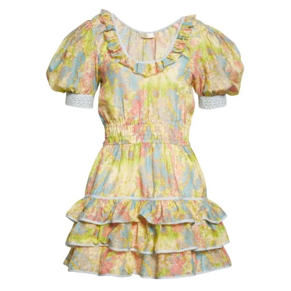 love shack fancy pastel dress LOVESHACKFANCY Dorothy Mini Dress in Jetset Medium Bows Ruffle Lace $375